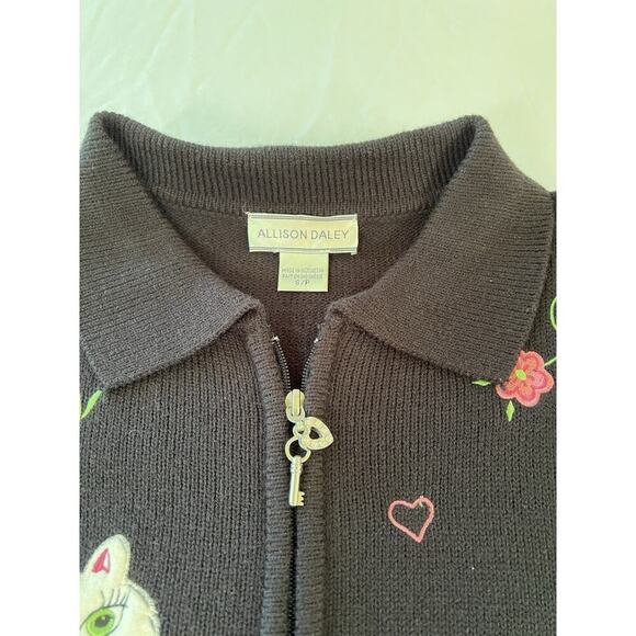 VTG Allison Daley Women SM Black Pink Zip Up Sweater Crazy Cat Lady - Picture 6 of 12